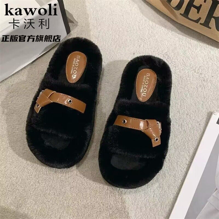 Thick sole cross strap furry slippers for women fall and winteroutwear2023new arrivalplatform shoesthick soleincrease soft bottomfor home cotton slippers