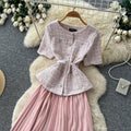 Tweed stylesequin this beaded round neck dress women's summerclassy sense waist slimming lookpleated long skirt work clothing