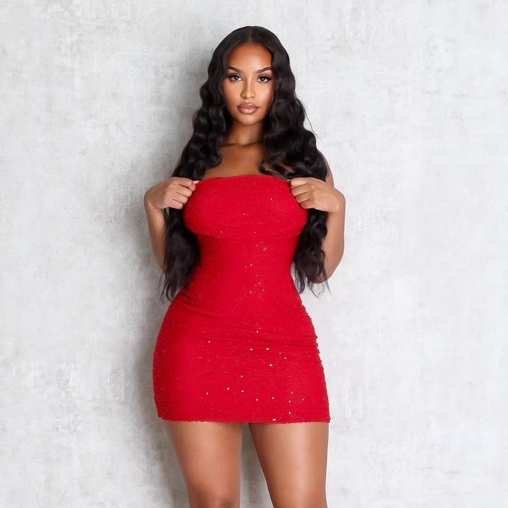European and american sexy women's clothing cross-border  new sexy sleeveless bandeau bodycon sparkly mini dress