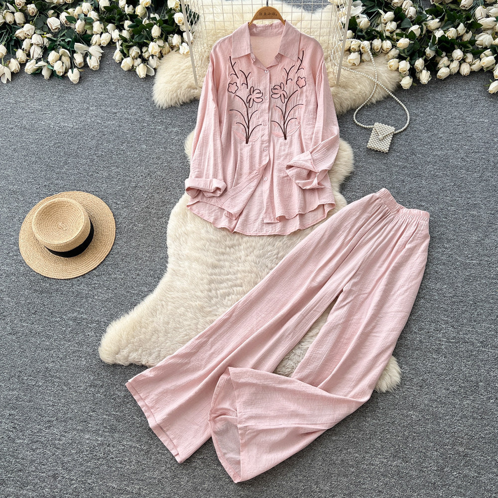 Lazy style pink embroideringshirtloose pantstwo-piece set female autumcasualcasualwork clothingslimming lookelegantsuit