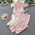 Lazy style pink embroideringshirtloose pantstwo-piece set female autumcasualcasualwork clothingslimming lookelegantsuit