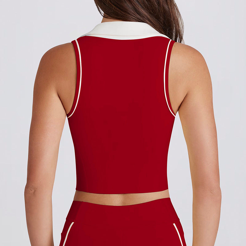 Sleeveless running pilates workout v-neck top vest with padded bra, color block turn-down collar yoga set