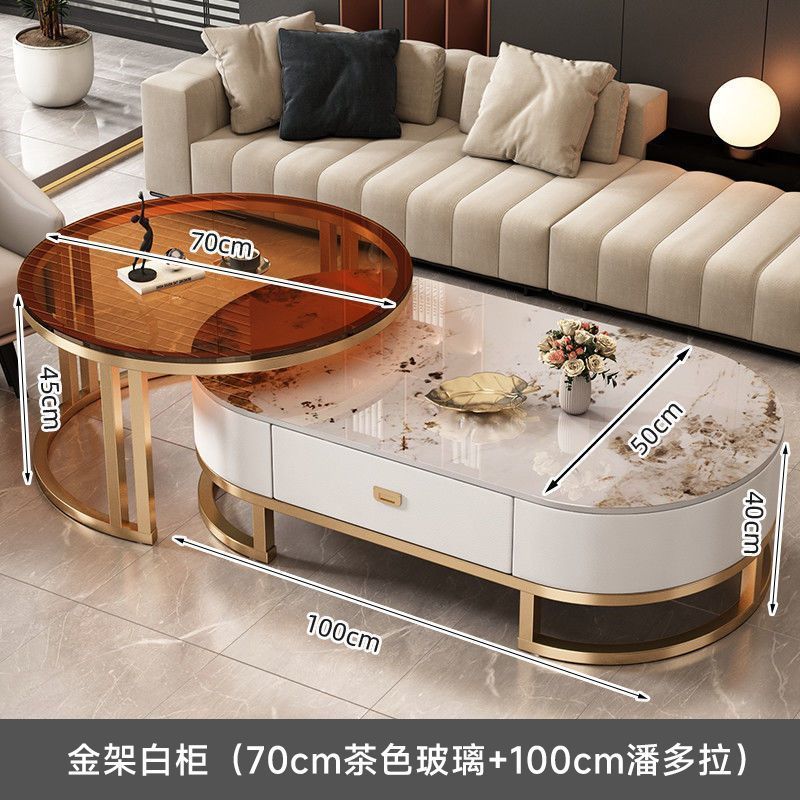 Italian light luxury oval glass coffee table living room home tea table high-end marble combination coffee table set