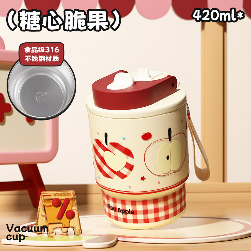 Kids' cartoon double-drink insulated mug, 316l stainless steel coffee cup, stylish design for girls, portable car water bottle with straw