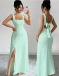 Amazon fashion  summer new arrival square neck sleeveless back bow tie strap sense dress