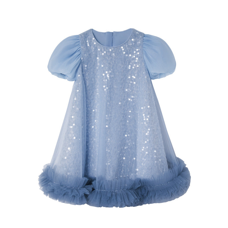 Girls' sleeveless sundress - new summer  collection: mesh "frozen" style dress with puff sleeves - perfect for parties and special occasions