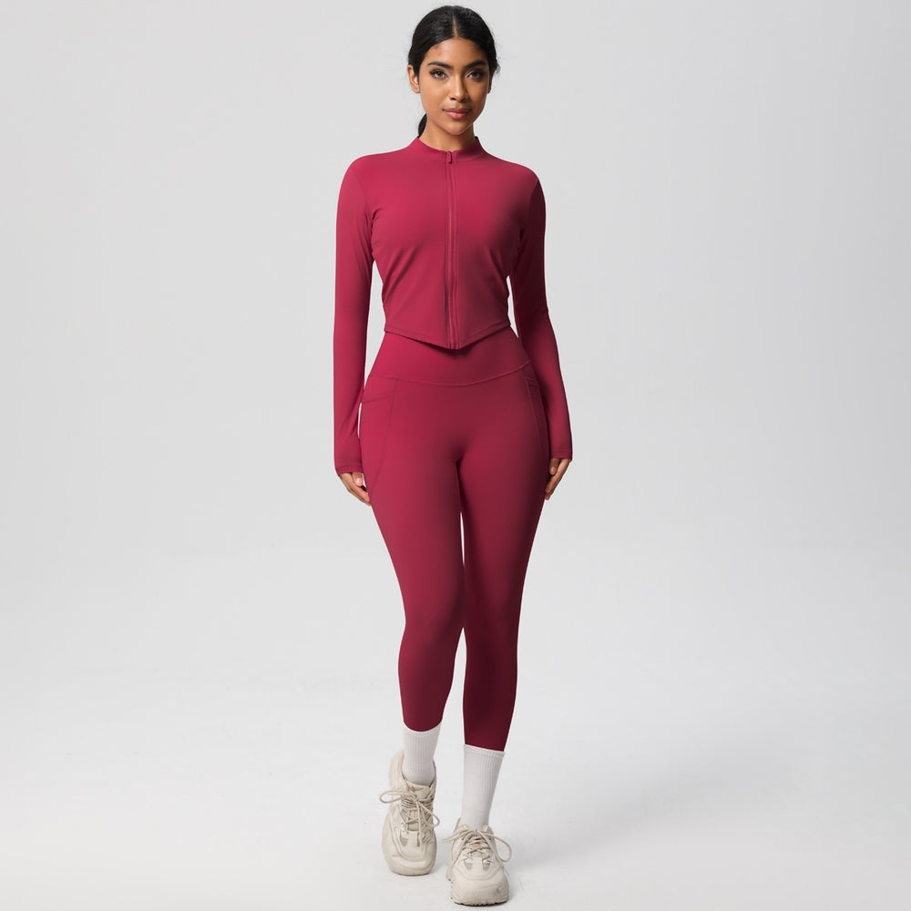 European and american nude feel compression zip-up yoga set - high-waisted pocket quick-dry activewear running fitness two-piece outfit
