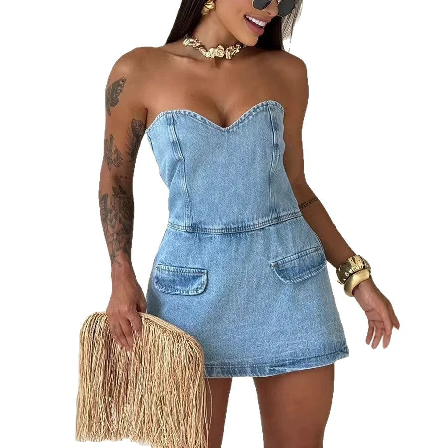fashionnew arrivalexport sexytube top jumpsuit back zipper tube denim jumpsuit shorts for women