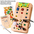 Early educational busy board for toddlers and young children, ages 3-6, new wood grain design with led lights, power button, red and green colors, cross-border lighting fixture