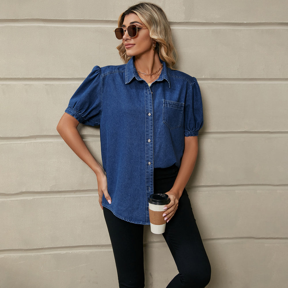 Fashion cross-border export  new arrivaleasiest for match princess sleeve lapel thin denim shirt casualtops trendy women