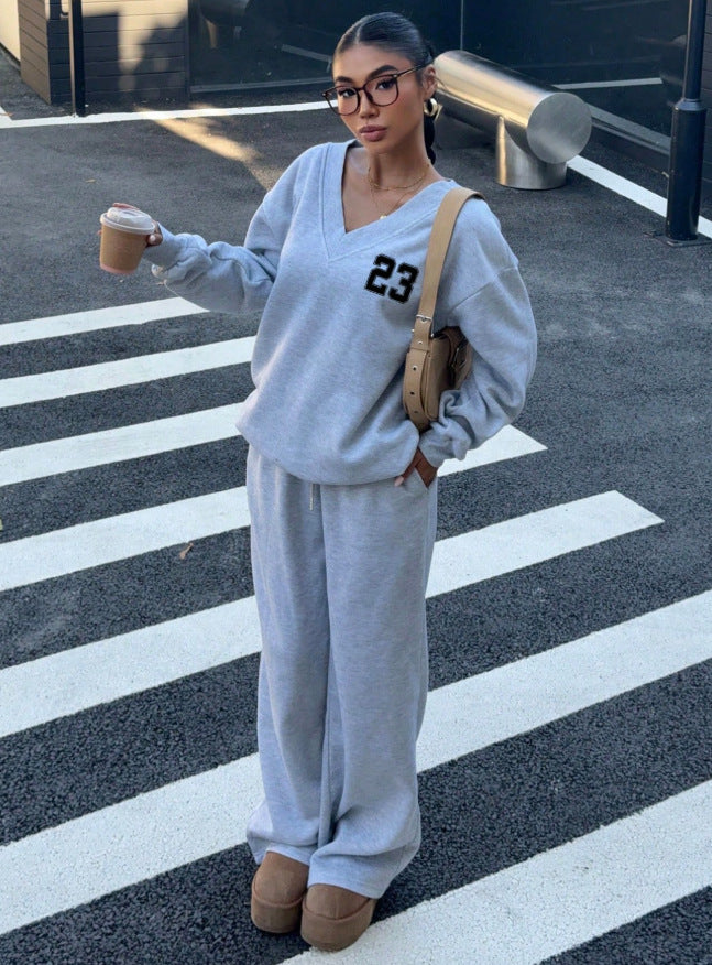 fashion cross-border women's suit v neck printing loosesweatshirt wide leg sweatpants two-piece set