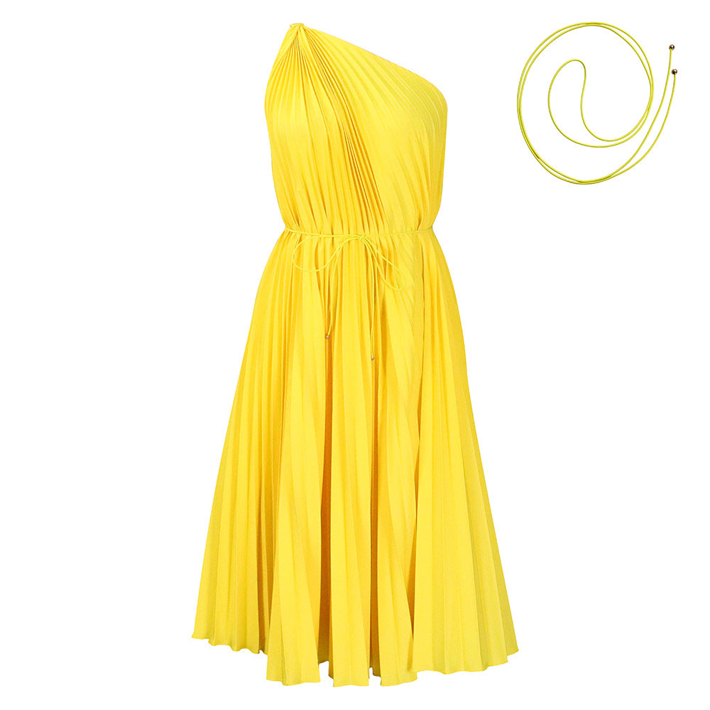 Amazon foreign trade women's summer  new solid color one-shoulder tie-up a-line dress, loose pleated european and american style dress