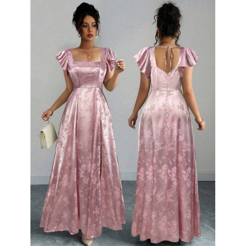 fashionsummernew arrival square collar ruffle sleeves waist slimming lookelegance jacquard slit dress for women