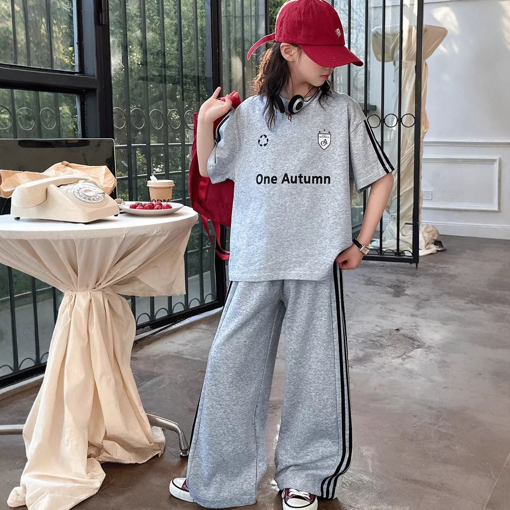 Girls' summer outfit  new style: trendy activewear set for big kids - casual short-sleeve letter tee two-piece