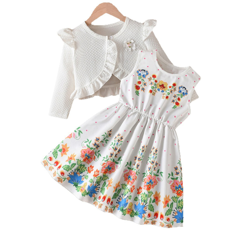 Girls' fall two-piece outfit: white tank dress with colorful floral ruffle overlay