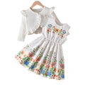 Girls' fall two-piece outfit: white tank dress with colorful floral ruffle overlay