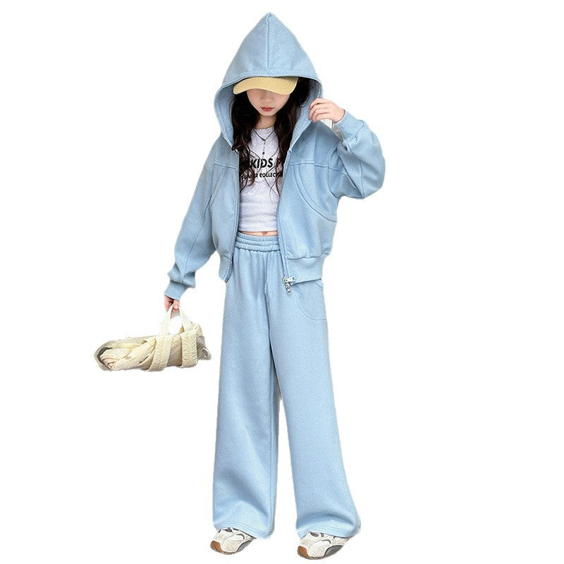 Girls' spring/autumn outfit set: new fashionable  jacket and wide-leg pants two-piece casual set for girls (sizes for mid-to-large children)