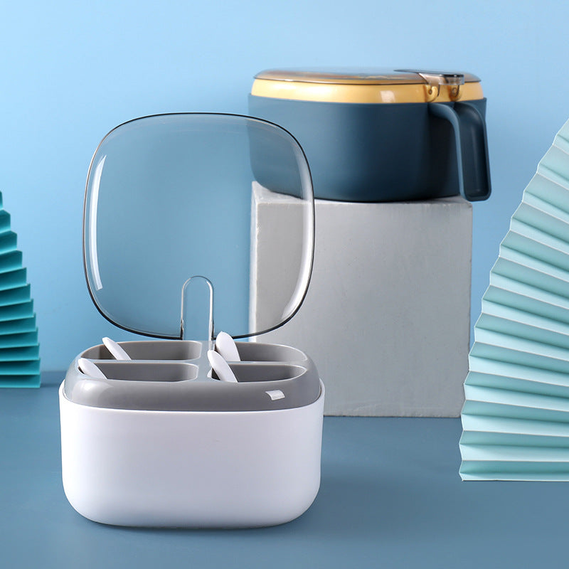 Kitchen seasoning box grid type transparent seasoning jar with spoon four grid integrated with lid household press type