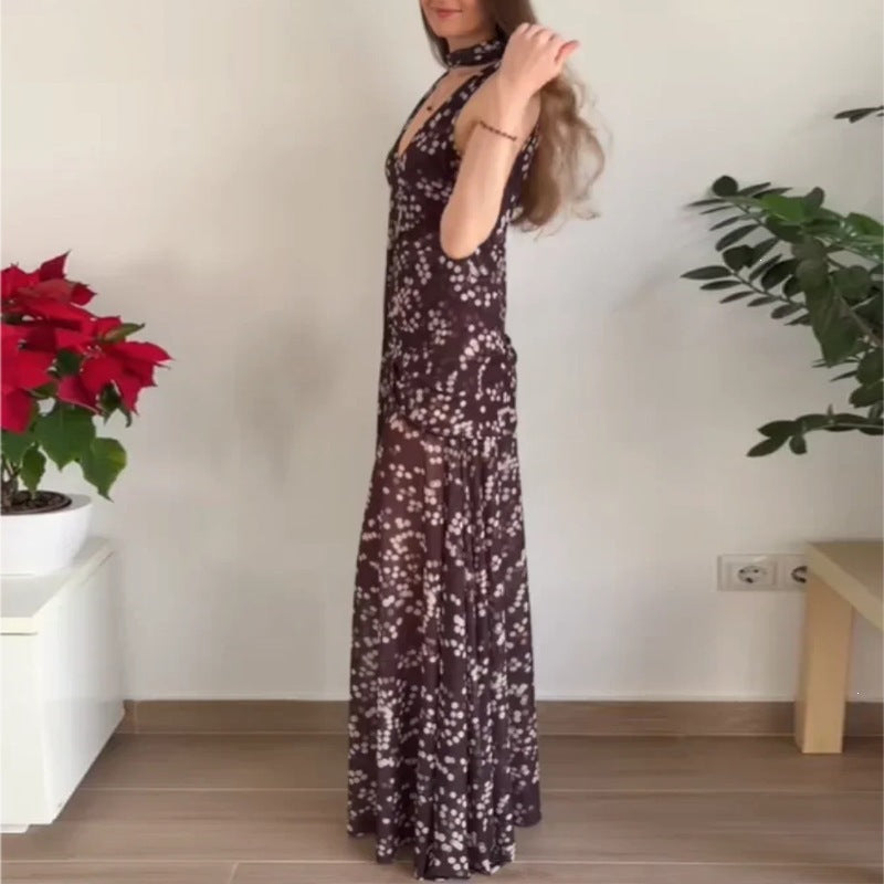 cross-border european and american women's clothing: new summer fashion vacation style printed slimming v-neck cami dress