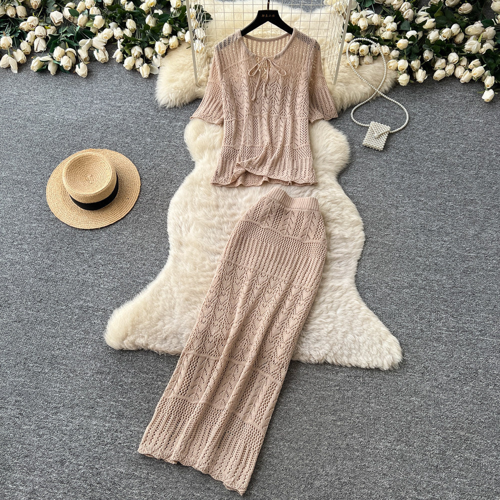 Gentle and lazy style stereo flower embroiderlong sleevesshirt suspender skirttwo-piece setfemaleautumslimming lookelegant