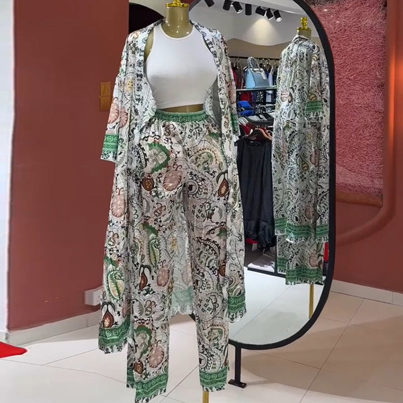 European and American  women's clothing 2025 summer new fashion thin printed long cardigan high waist trousers casual suit