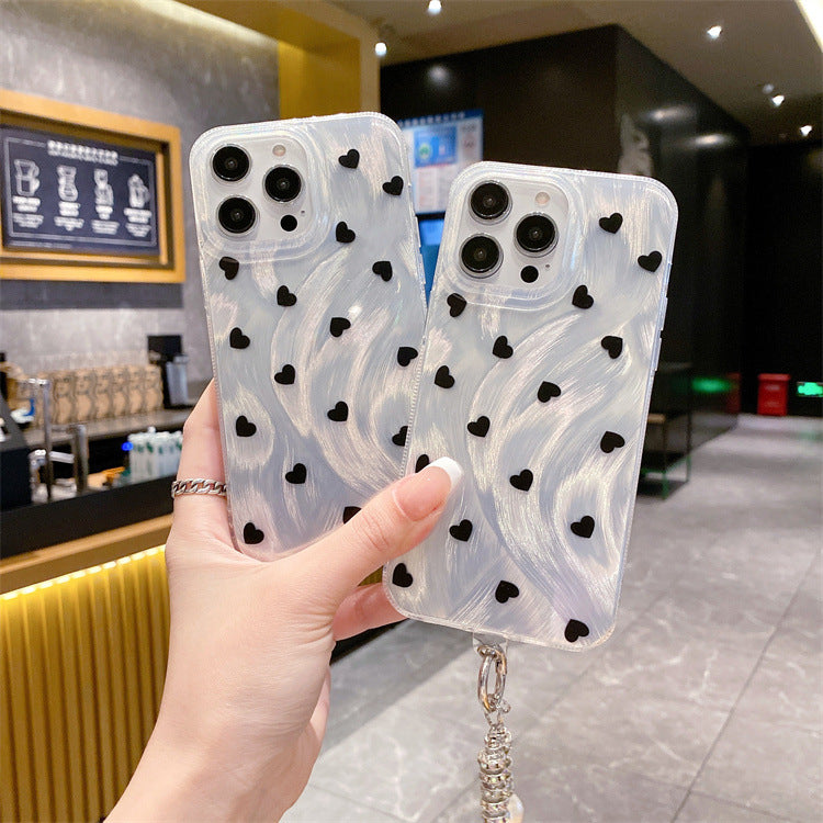 Feather yarn silver suitable for iphone16pro small heart protective case apple 12/14 pearl diamond chain hard protective case