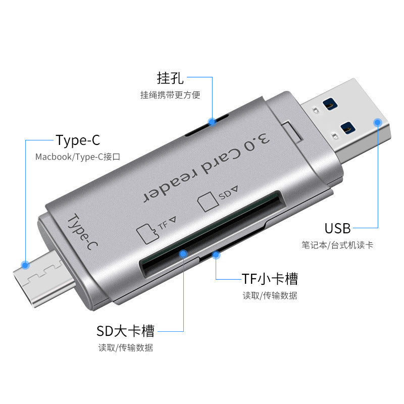 New usb 3.0 type-c to sd/tf card dual-head reader, compatible with mobile phones, cameras, and computers via otg. supports dual card reading