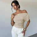Summernew arrivalstylishfashion single-sided off-shoulder stripes short-sleeved topswork clothingeasiest for match waist knitting shirt t-shirt