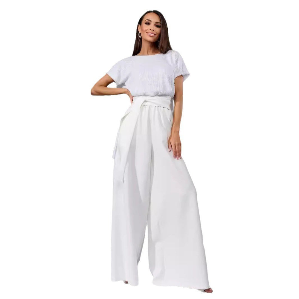 spring new arrival: cross-border  fashion - european & american style sequin bodysuit, trendy short-sleeve casual jumpsuit/pants