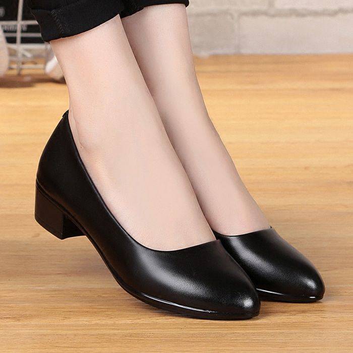 Spring autum work shoes black professional women's flats women's low-heeled leather shoes women's mid-heeled workwear formal wear short-heeled stewardess women