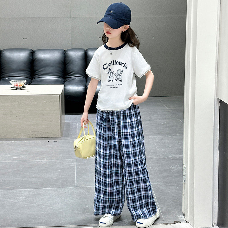 summer new arrival: kids' short-sleeve plaid pants two-piece set - children's cartoon letter lace-trimmed short-sleeve casual outfit