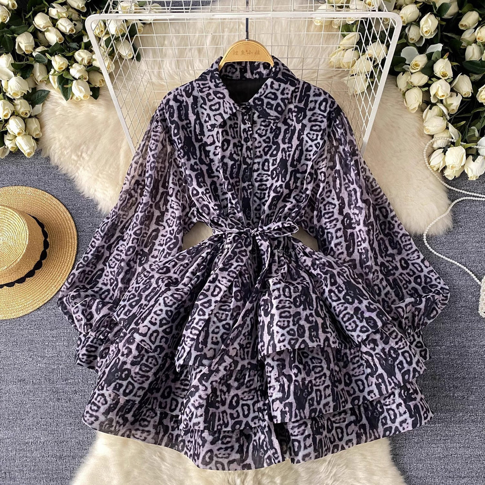 European and american style high-end printed lantern sleeve dress - women's summer tie-waist polo collar design elegant tiered dress