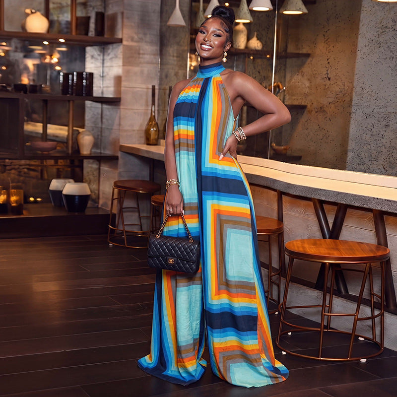 European and american style cross-border fashion women's summer color block print jumpsuit high neck sleeveless loose long romper