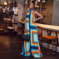 European and american style cross-border fashion women's summer color block print jumpsuit high neck sleeveless loose long romper
