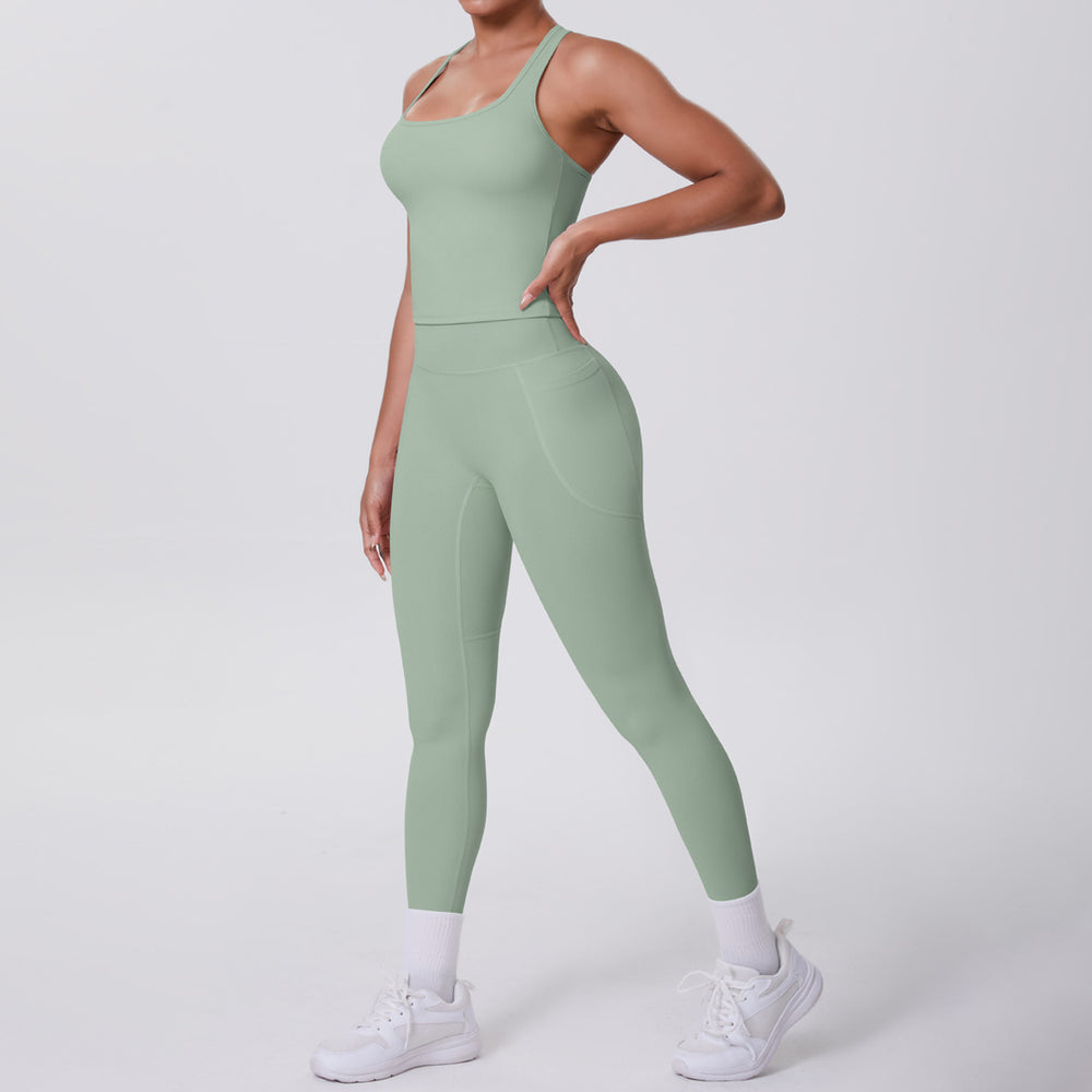 Naked-feel, form-fitting yoga set featuring a racerback design, high-waisted leggings with butt-lifting effect, and pockets. perfect for outdoor activities, casual wear, running, and gym workouts