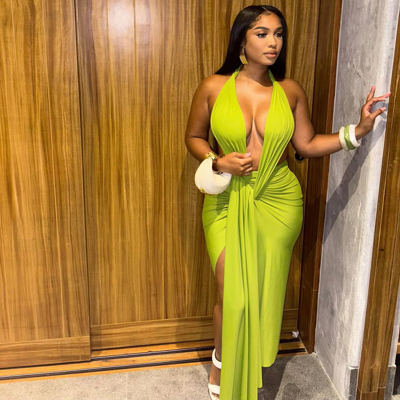 European and american style ins cross-border women's clothing pure color strap hip skirt sexy halterneck v-neck chest wrap dress trendy