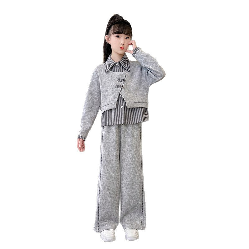 Girls' casual activewear set -  spring/autumn new arrival: stylish and trendy two-piece faux layered sweatshirt and wide-leg pants set