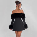 European and american  fall/winter new arrival: cross-border women's fashionable, elegant, and sexy shearling collar off-the-shoulder slim-fit a-line dress