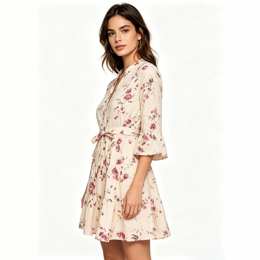 european and american new women's fashion printed three-quarter sleeve a-line pleated dress