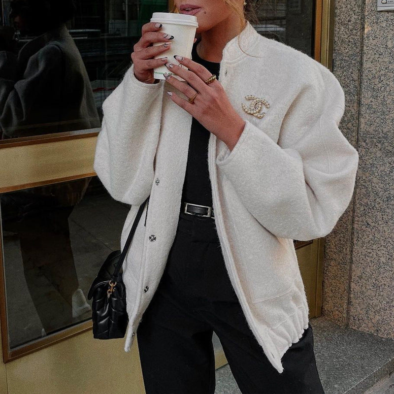 2025 new european and american style women's casual color block stand collar single-breasted large pocket loose fit comfortable long sleeve jacket