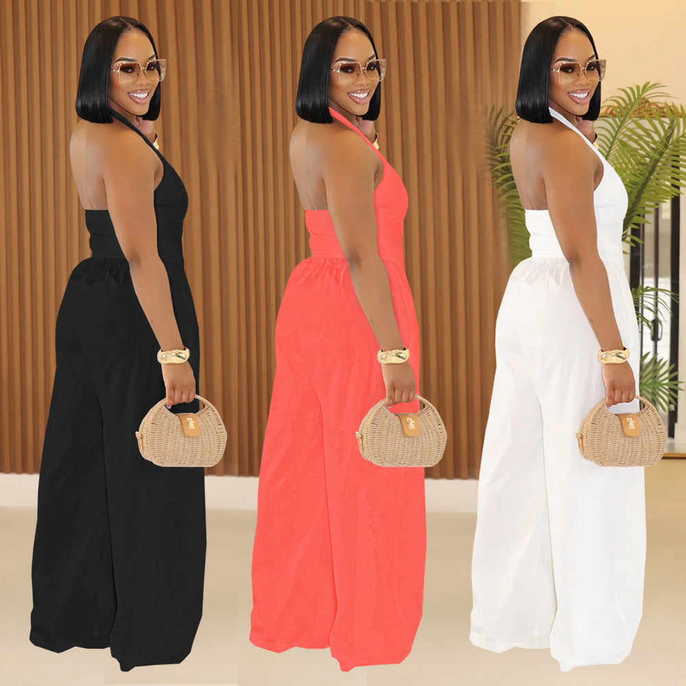 C7390 cross-border   fashion women's casual loose backless halter solid color jumpsuit