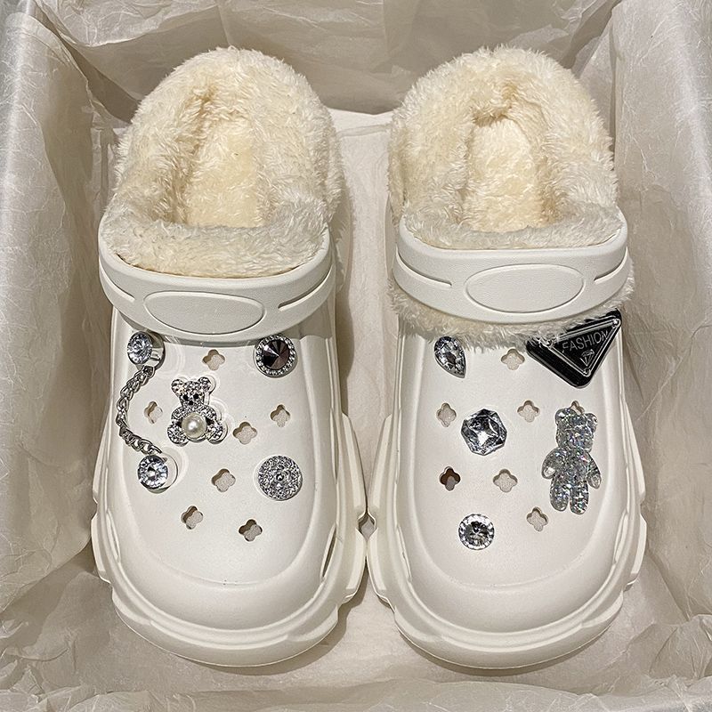 Fleece-lined cotton clogs for women, autumn and winter inner lining, 2024 new style, outer wear, height-increasing thick sole, furry cotton slippers for winter