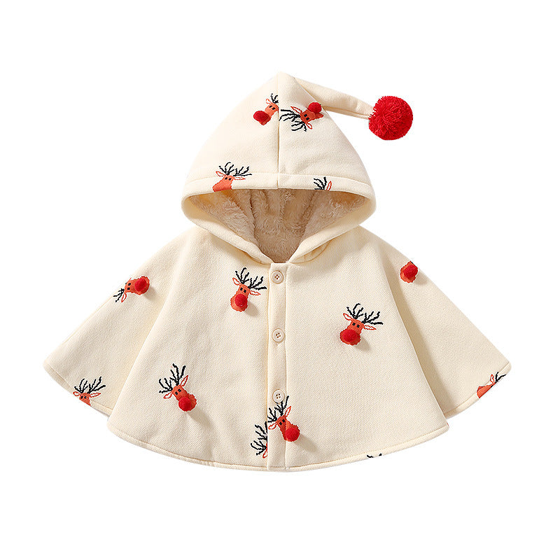 Baby cloak autumn and winterk-style cartoon christmas elk fleece-linedheattechthickenedoutwearkids cape cloak style
