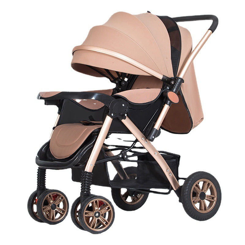 High-view baby stroller - convertible, lightweight, foldable, four-wheel shock absorption, large wheel pram