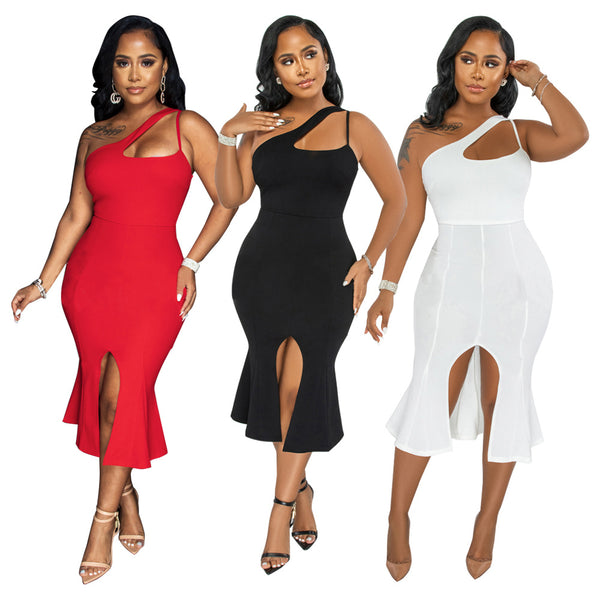 9631 European and American   slanted shoulder solid color sexy split harpoon tail dress