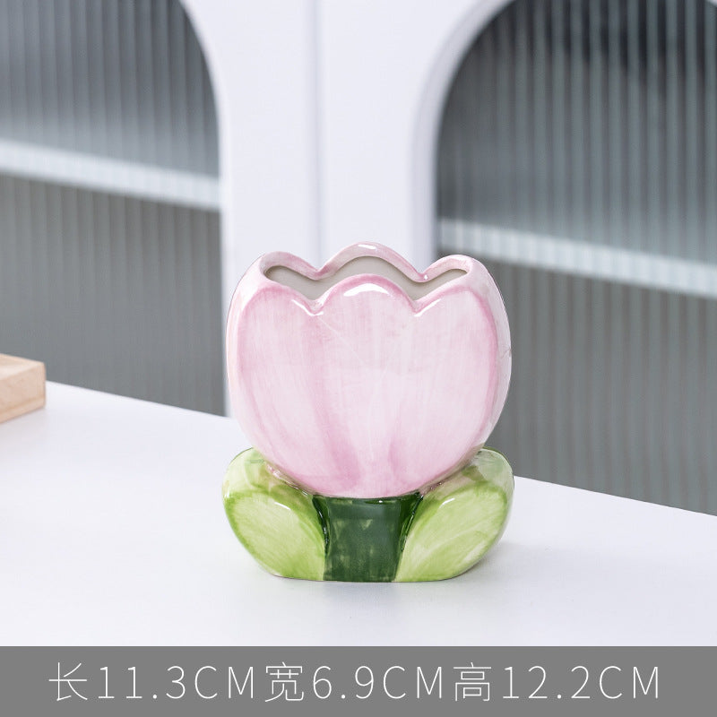 Tulip flower makeup brush holder office pen holder - trendy ins style bedroom decor desktop organizer