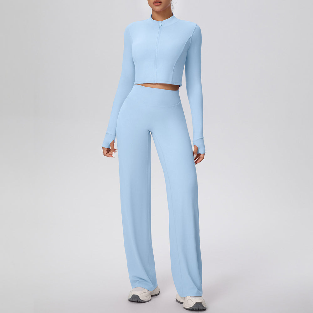 New arrival: solid color double-sided brushed fleece zip-up jacket & wide-leg yoga pants set - perfect for running, fitness, and activewear