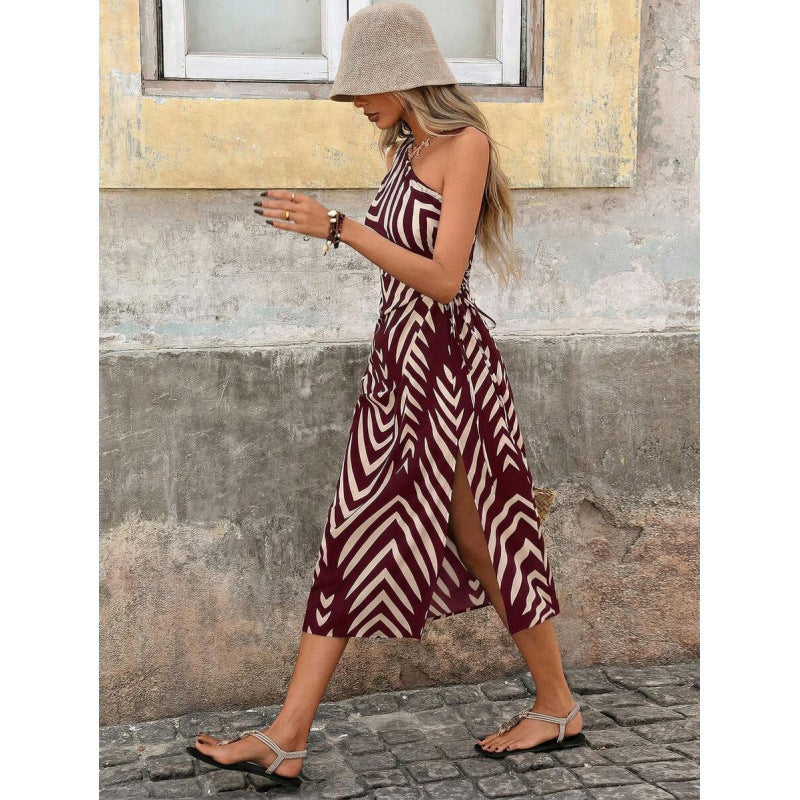 Amazon european bohemian style one-shoulder waist-cinching cutout drawstring slit vacation print dress for women