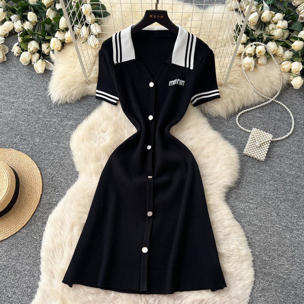 Korean style commute lapel short sleeve knitted dress - women's summer minimalist letter print waist-cinching slimming elegant a-line dress