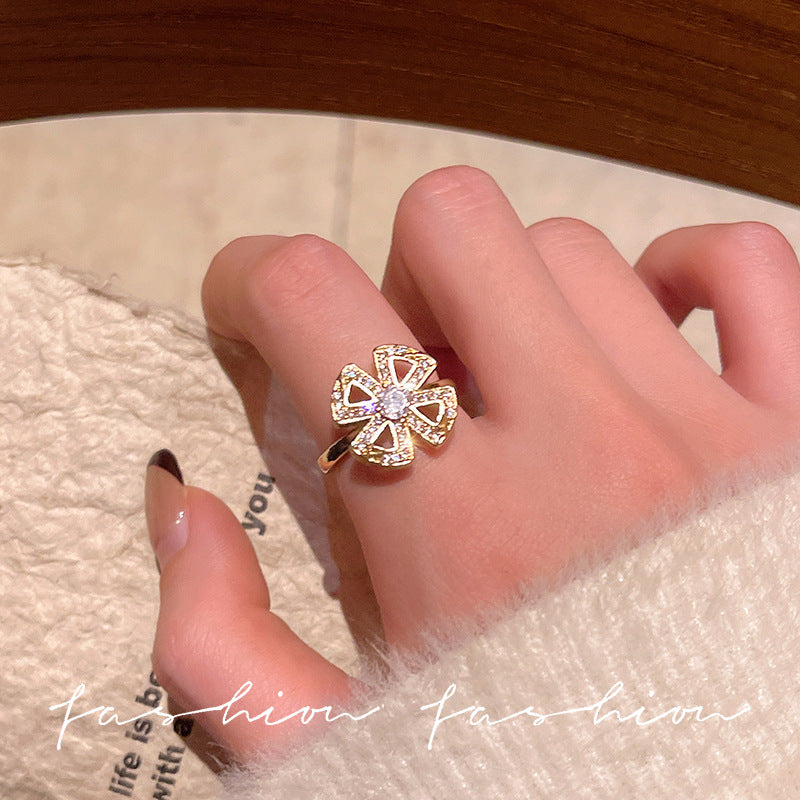 Japanese and korean flower open ring fashion zircon ring female ins simple internet celebrity adjustable stylish ring jewelry